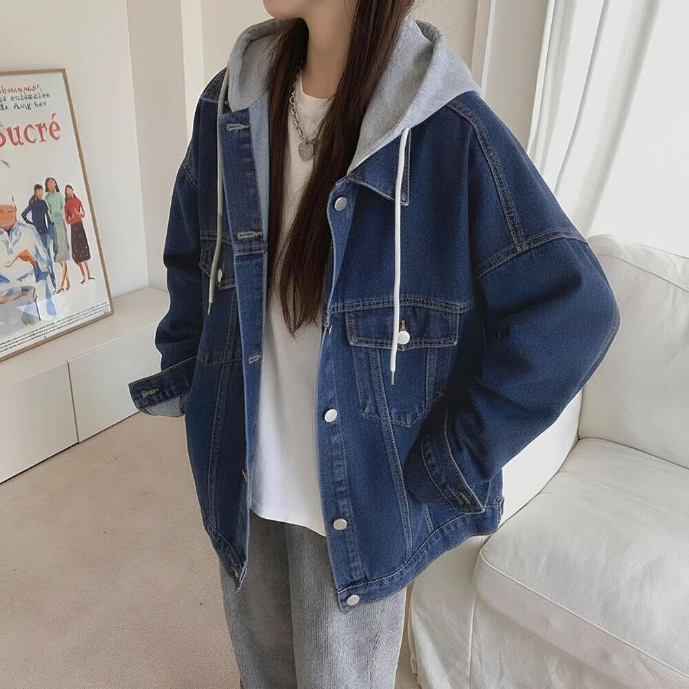 Women's Denim Jacket With Hood Oversized Distressed Jean Jackets Hoodie Z-Blue - Picture 3 of 5
